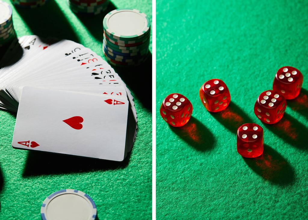 Collage of pack of cards with casino chips and dice on green background - Photo, Image