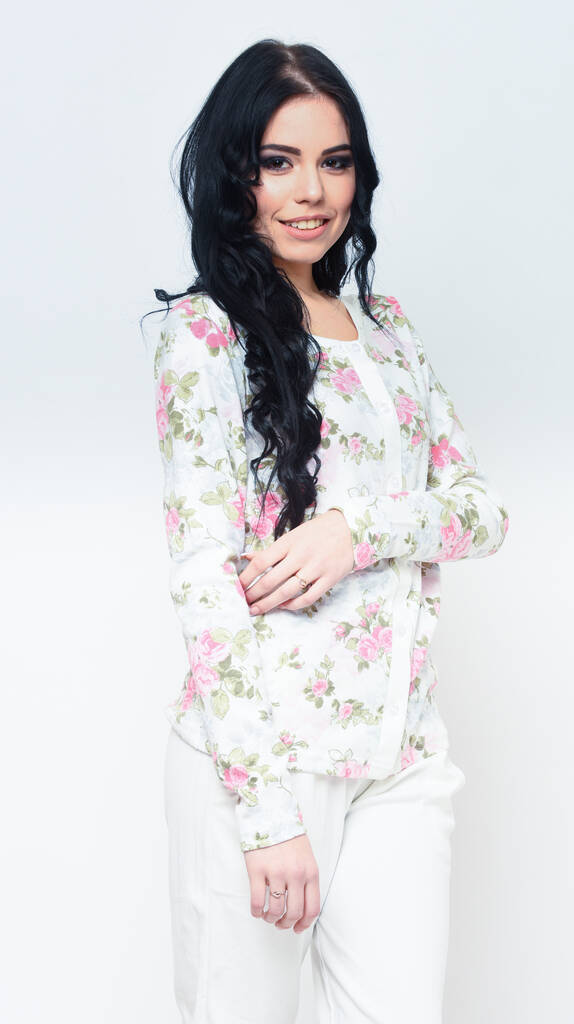 Sexy woman in white cardigan with flowery pattern - Photo, Image