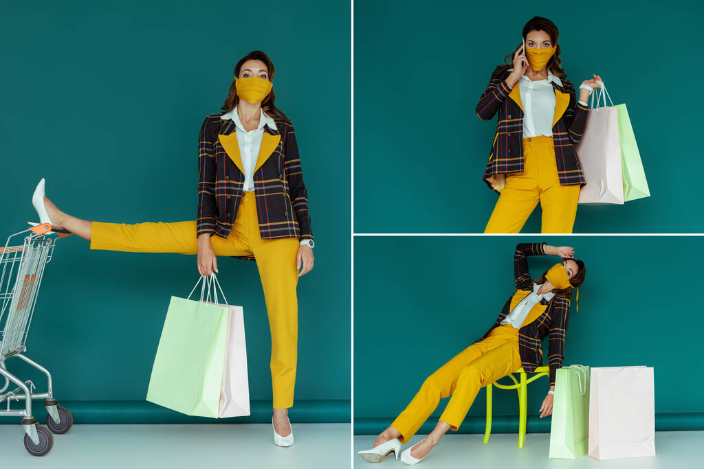 collage of stylish girl posing with shopping bags, sitting on chair and taking on smartphone on blue  - Photo, Image