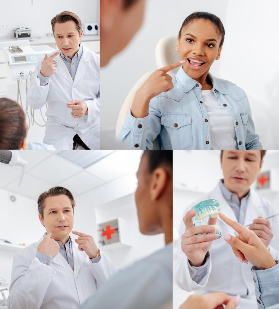 collage van tandarts wijzen met vingers in de buurt van Afro-Amerikaanse patiënt in beugels en het houden van tanden model  - Foto, afbeelding