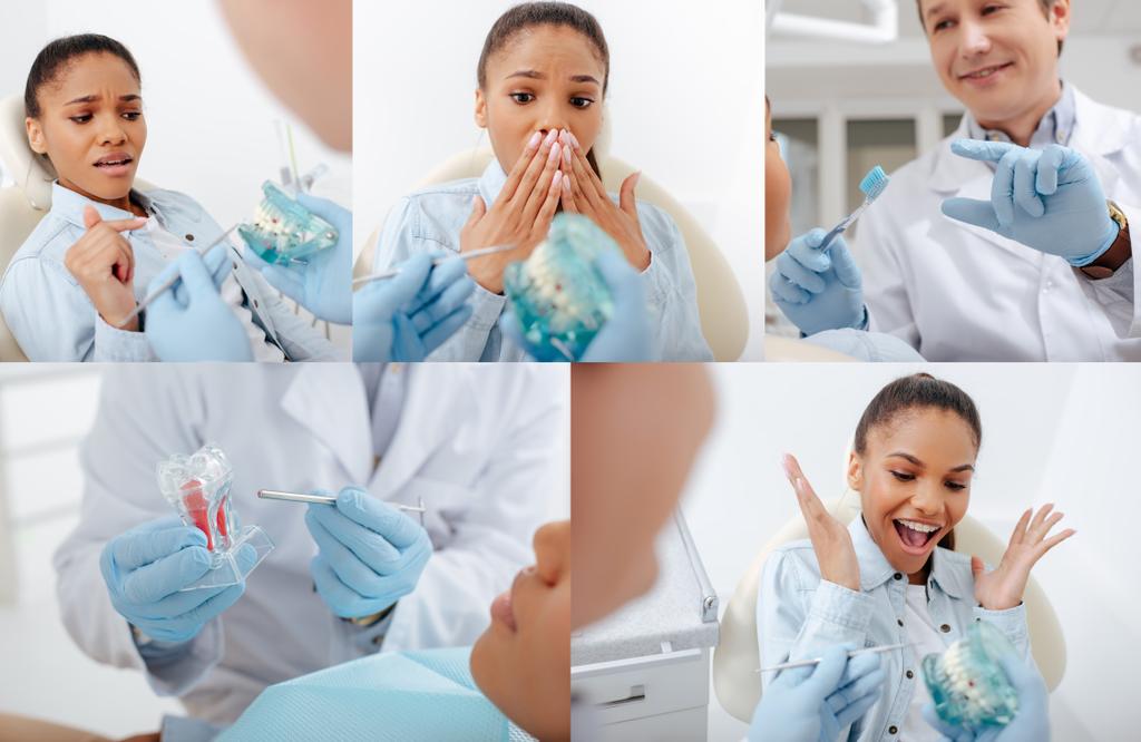 collage of dentist holding teeth model near emotional african american woman in braces  - Photo, Image