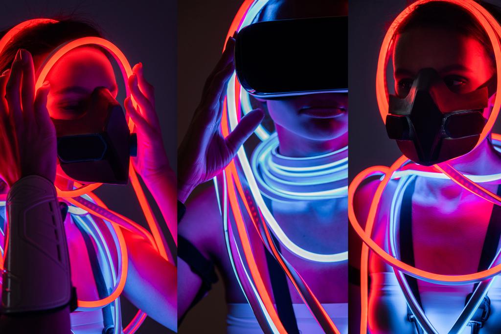 Collage aus futuristischer afrikanisch-amerikanischer Frau in Atemmaske, Vr-Headset und Neonbeleuchtung - Foto, Bild