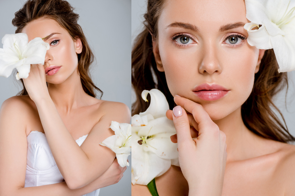 collage de hermosa chica tocando la cara cerca de flores blancas aisladas en gris
  - Foto, Imagen