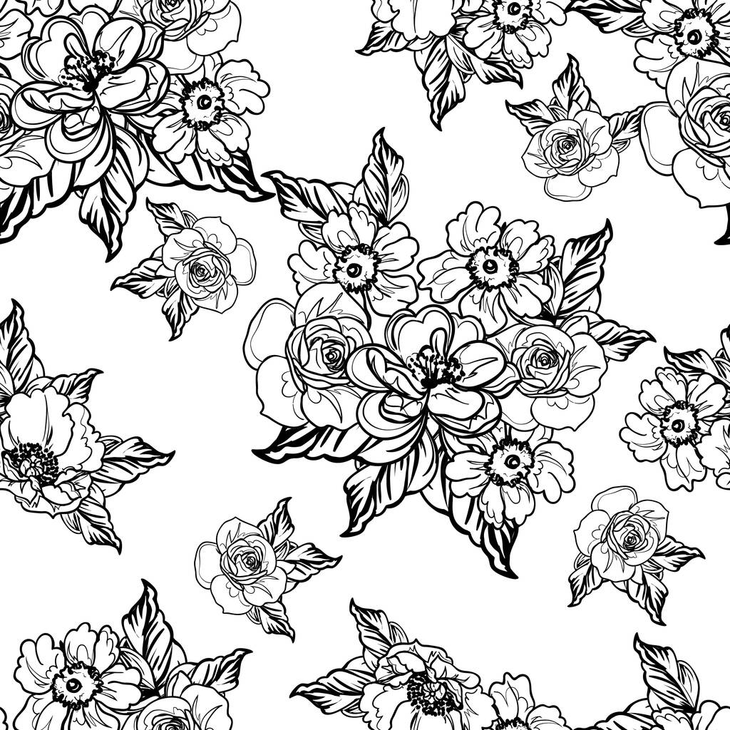 Inconsútil patrón de flores de estilo vintage monocromo - Vector, imagen