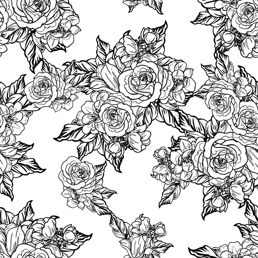 シームレスなモノクロヴィンテージスタイルの花パターン - ベクター画像