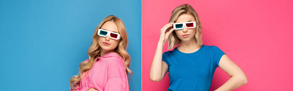 panoramic orientation of blonde girls in 3d glasses on pink and blue background - Photo, Image