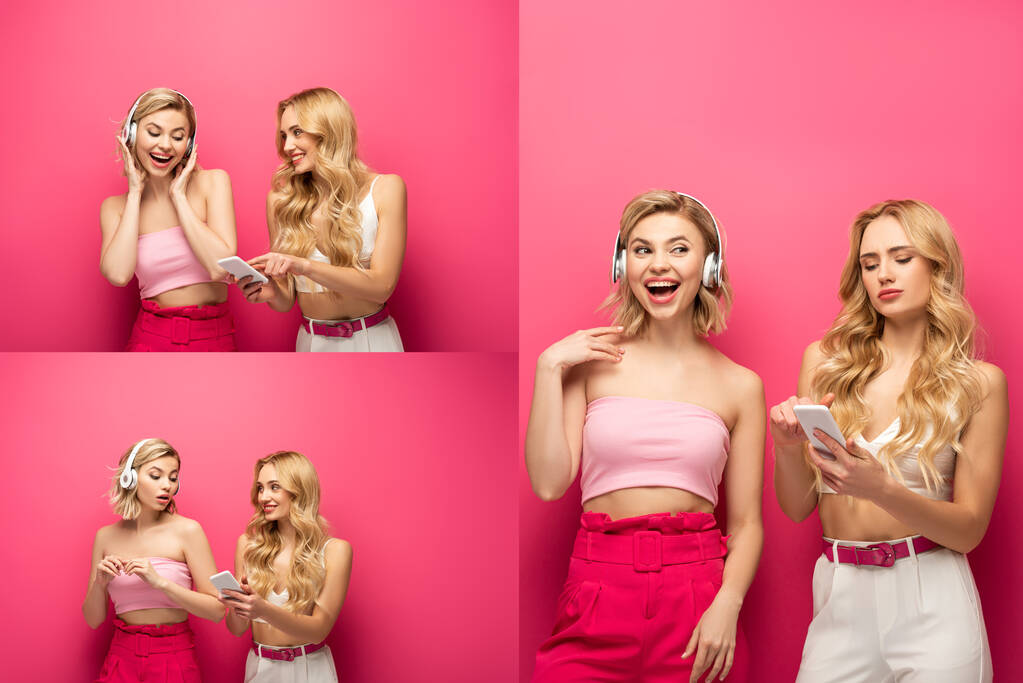Collage van glimlachende blonde meisjes met behulp van smartphone en koptelefoon op roze achtergrond - Foto, afbeelding