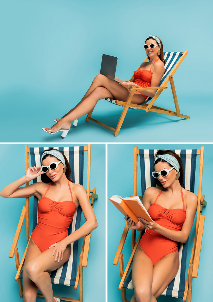 Collage de la mujer que lee el libro y el freelancer que sostiene el ordenador portátil en la tumbona en azul
 - Foto, imagen