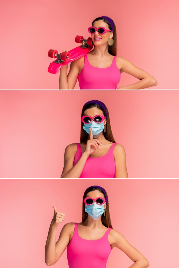 Коллаж девушки в медицинской маске с рукой на бедре и пенни доска улыбается и показывает, как и ш-ш знаки изолированы на розовый
 - Фото, изображение