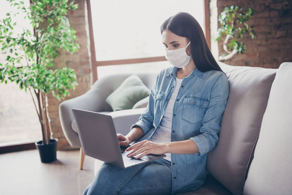 Profile side photo of focused girl manager corona virus infection patient quarantine work home use laptop read document project sit couch in house indoors - Photo, Image