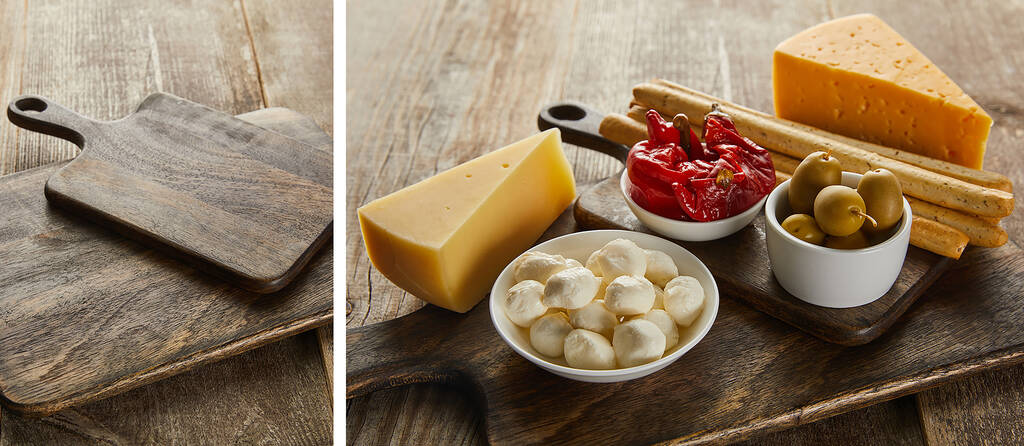 Collage of boards with antipasto ingredients on wooden background - Photo, Image