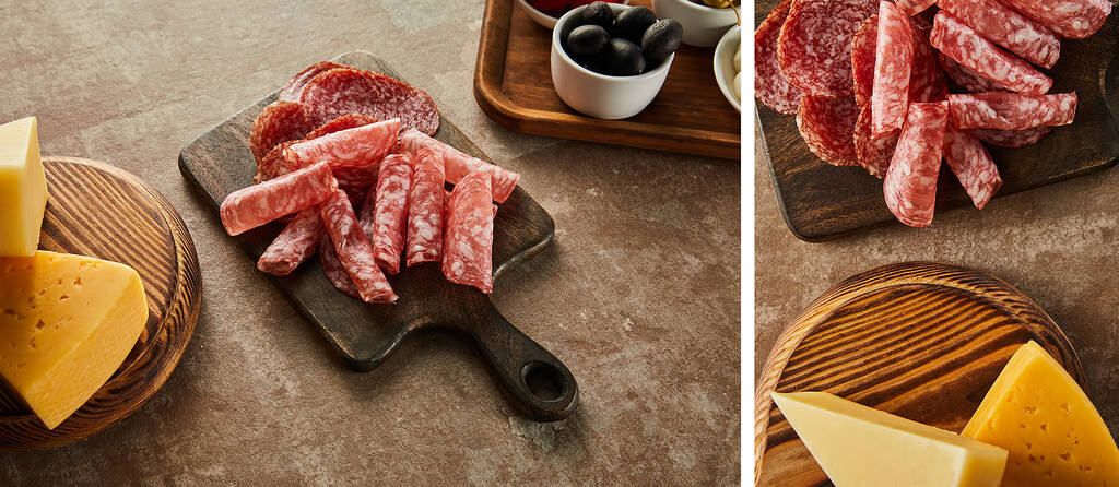 Collage de tablas con rebanadas de salami, tazón con aceitunas y queso en marrón, plano panorámico
 - Foto, imagen