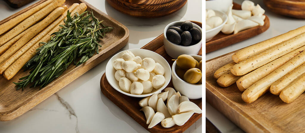 Collage de tablas con ingredientes antipasto en blanco, plano panorámico
 - Foto, Imagen