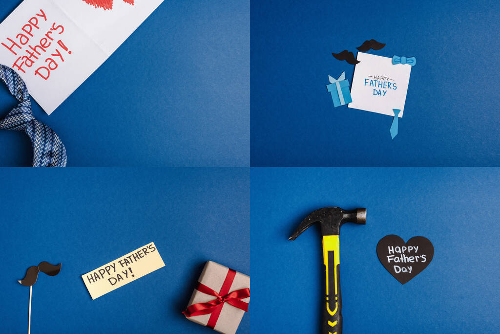 collage de accesorios para hombre, elementos decorativos de papel, martillo, caja de regalo y tarjetas de felicitación con letras feliz día de los padres
 - Foto, Imagen