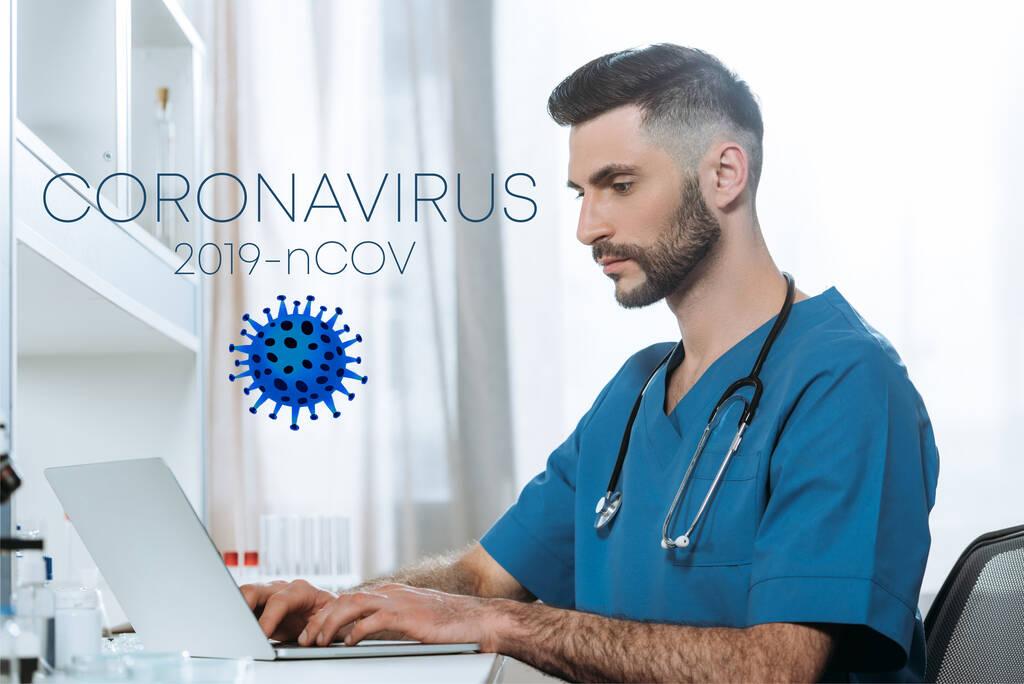 giovane medico con stetoscopio sul collo digitando sul computer portatile, coronavirus illustrazione
 - Foto, immagini
