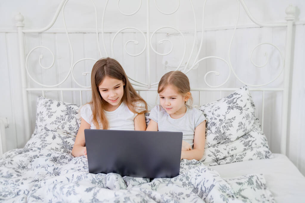Детские сестры общаются через видео соединение на компьютере
 - Фото, изображение