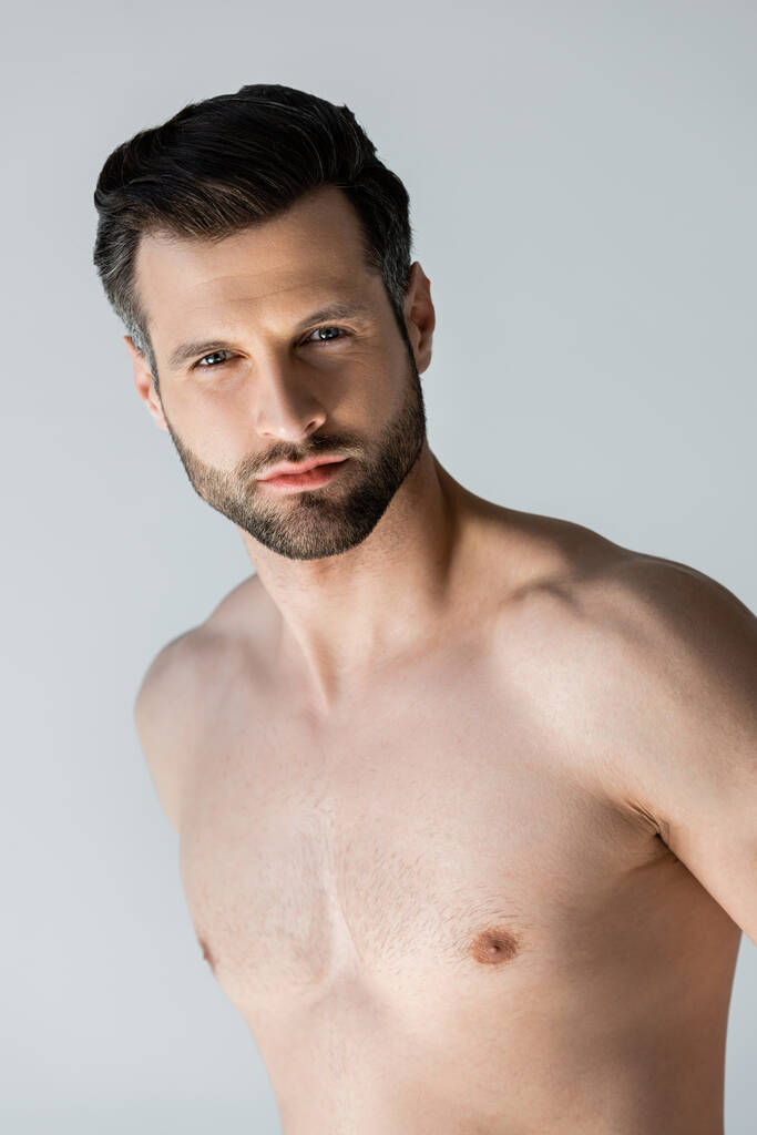 мускулистый и без рубашки мужчина смотрит на камеру, изолированную на сером
 - Фото, изображение