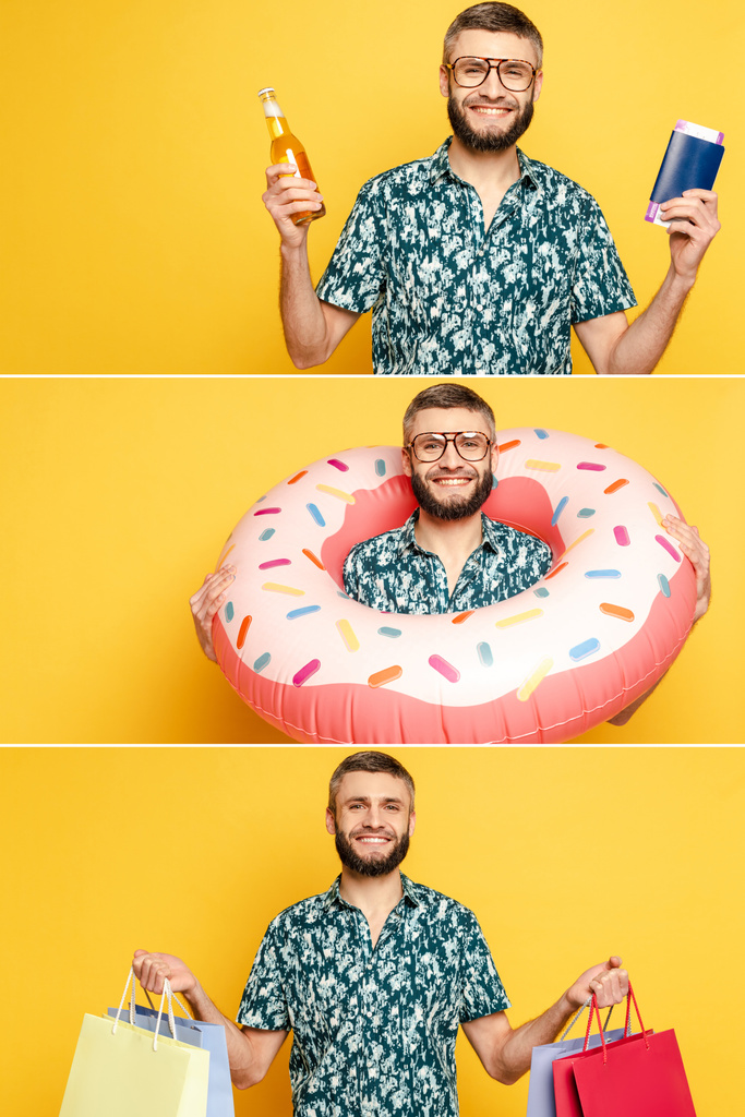 kollázs mosolygós szakállas fickó szemüvegben fánk úszógyűrű, sör, útlevél és bevásárló táskák sárga - Fotó, kép