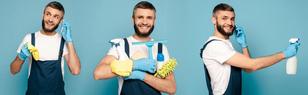 колаж щасливого прибиральника в уніформі і гумових рукавичках з прибиральними приладдям, що розмовляють на смартфоні на синьому фоні
 - Фото, зображення