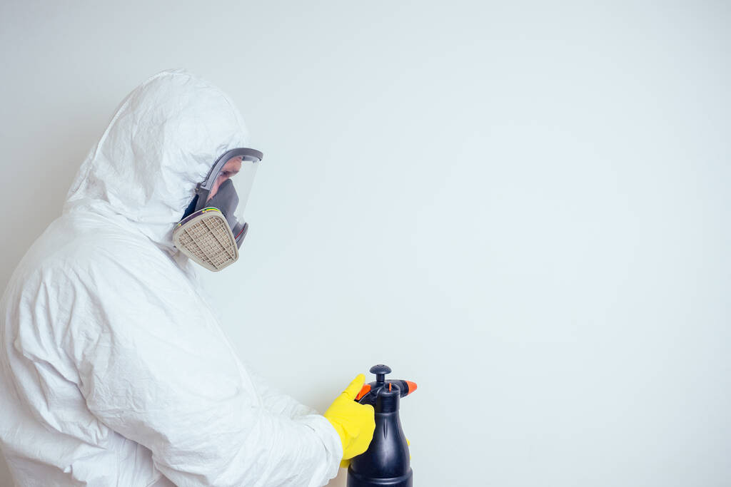 вредитель работник распыления пестицидов с распылителем в квартире копия спаз белые стены фон
 - Фото, изображение