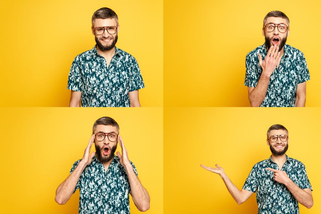 collage van emotionele bebaarde man in bril op geel - Foto, afbeelding