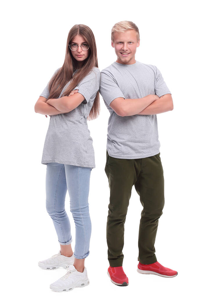 grupo de jóvenes diversos en camisetas grises de pie juntos
 - Foto, Imagen