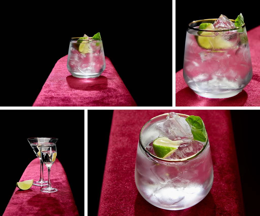 collage de vaso de chupito y copa de cóctel con mojito fresco frío, menta y rodaja de lima aislados en negro
 - Foto, Imagen