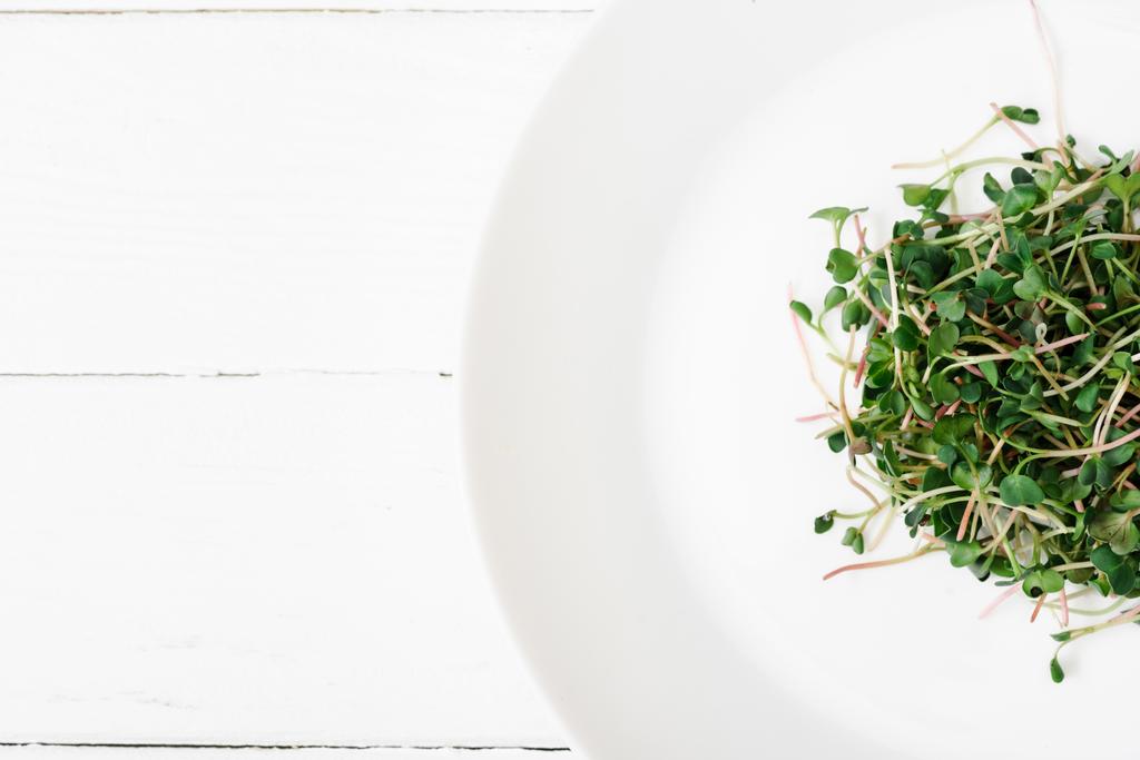 top view of fresh microgreen on plate on white wooden surface - Photo, Image