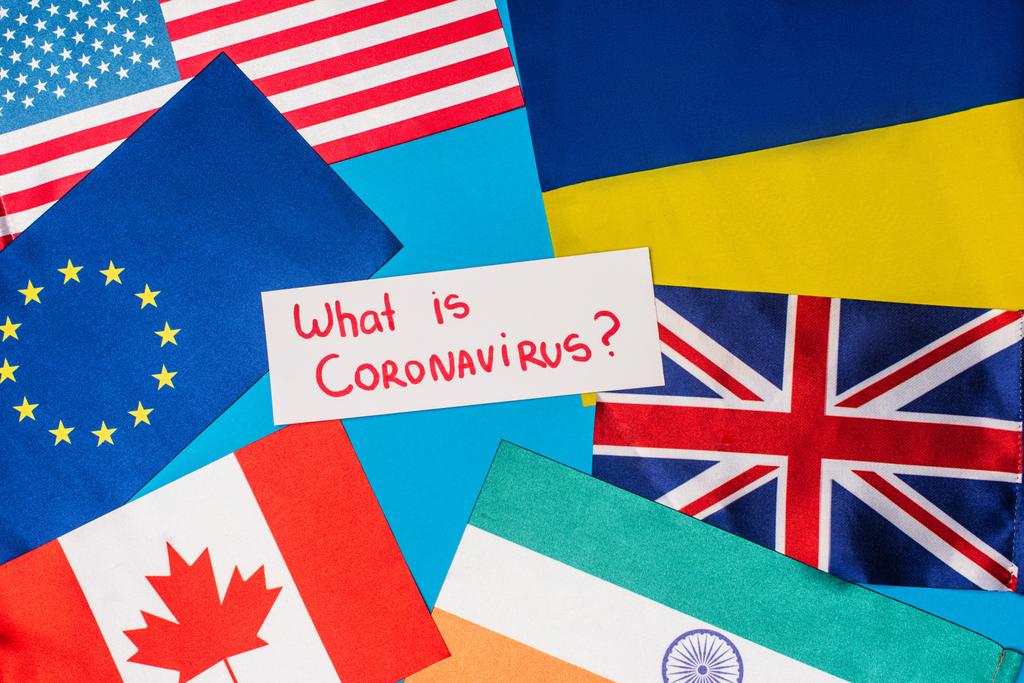 Top view of card with what is coronavirus lettering near flags of countries on blue background - Photo, Image
