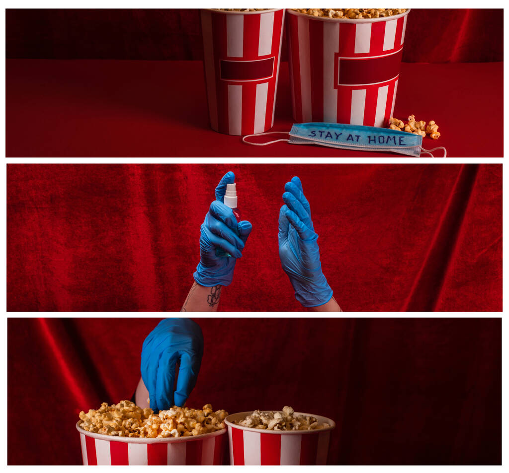 Collage of woman in latex gloves holding hand sanitizer and popcorn near mask with stay at home lettering with red velour at background - Photo, Image