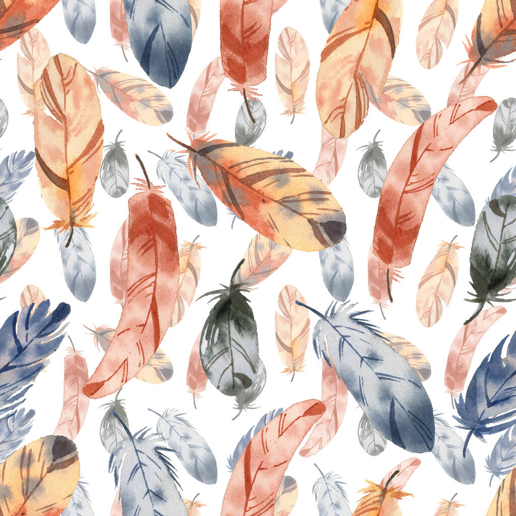 Muster mit leuchtend süßen Federn, im Aquarell-Stil! Auf weißem Hintergrund - Foto, Bild