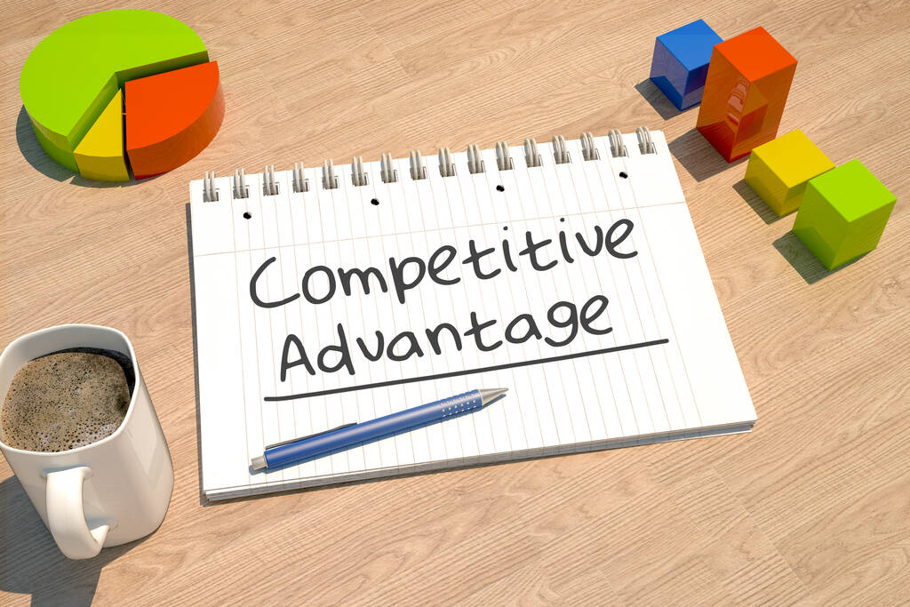 Competitive Advantage - text concept with notebook, coffee mug, bar graph and pie chart on wooden background - 3d render illustration. - Photo, Image