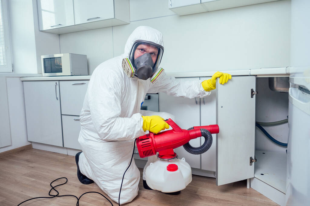 witte Werknemer spuiten pesticide op inductie kookplaat - Foto, afbeelding