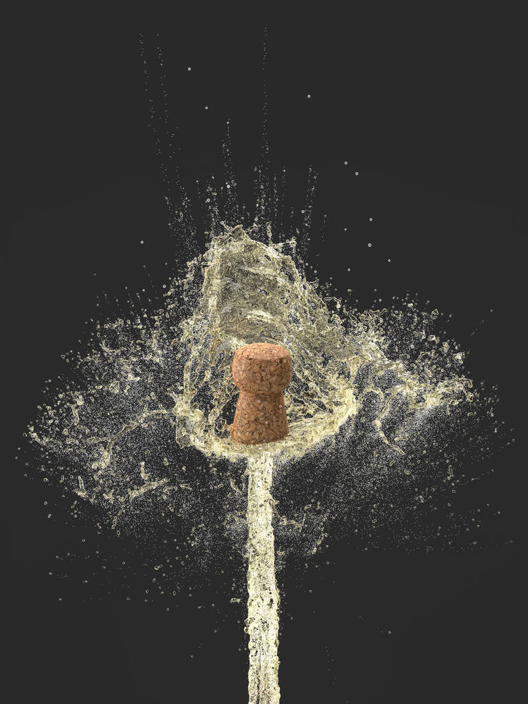 detail van de explosie van een kurk van een fles champagne. Wijn sprenkelen op donkere achtergrond. concept voor feest, feest, vakantie. 3D-beeld weergeven. niemand in de buurt. - Foto, afbeelding