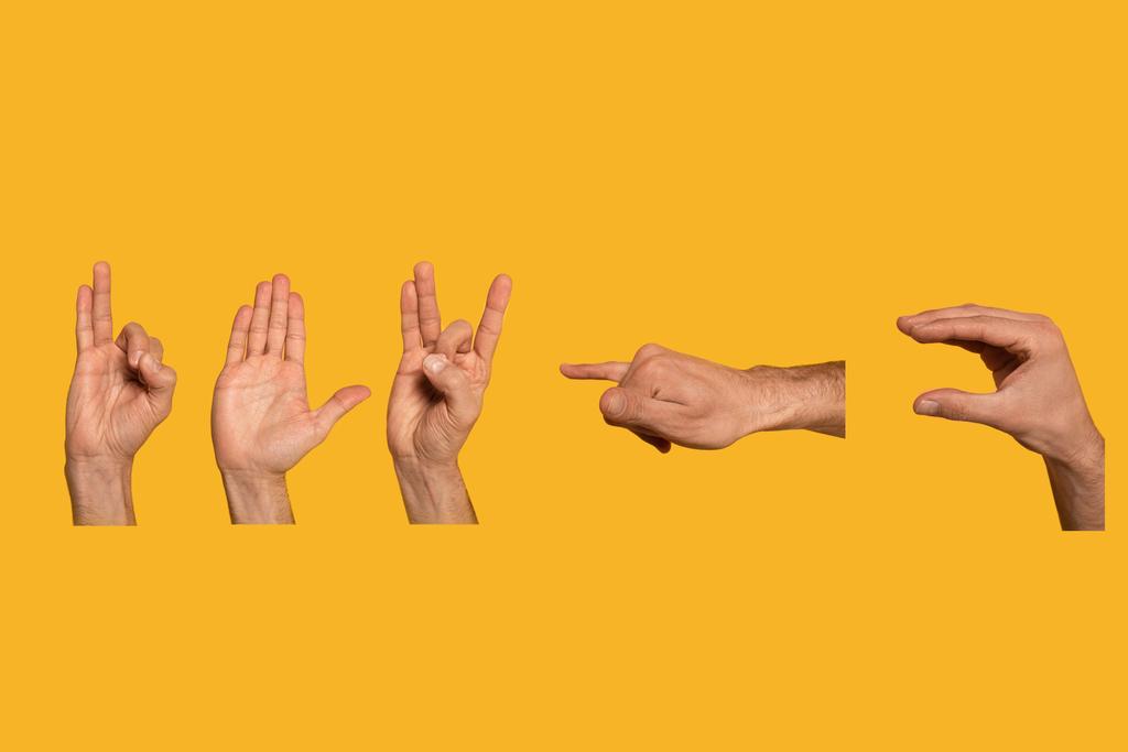 Kolaż człowieka pokazując słowo wirus z cyrylicy język migowy izolowany na żółtym  - Zdjęcie, obraz
