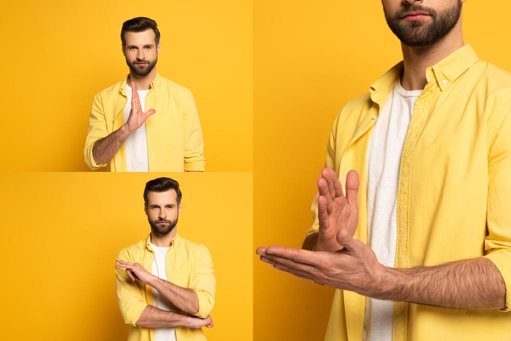 Colagem de homem mostrando gestos em linguagem surda e muda em fundo amarelo
 - Foto, Imagem