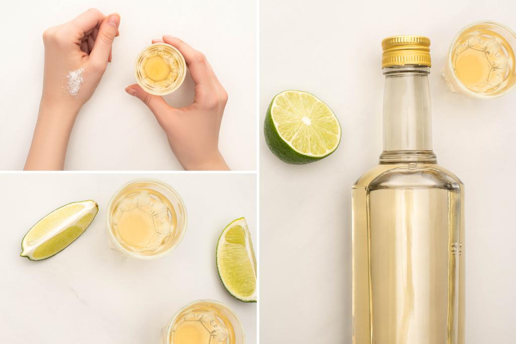 collage van vrouw drinken tequila met kalk en zout op wit marmeren oppervlak - Foto, afbeelding