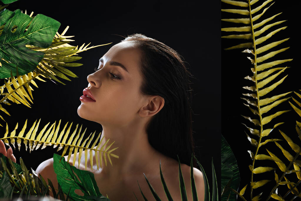 Collage de hermosa mujer con hojas verdes sobre negro
 - Foto, imagen