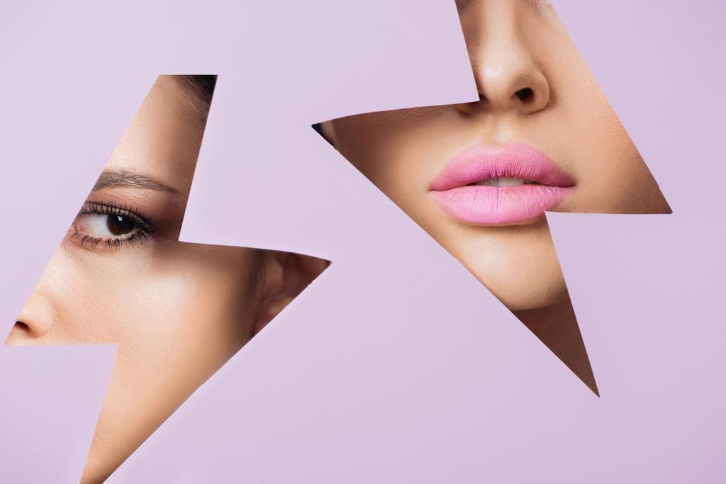 Collage di viso femminile con labbra rosa e donna che distoglie lo sguardo attraverso il foro in carta viola
 - Foto, immagini