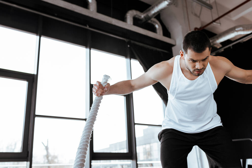 concentrated man exercising with battle rope in gym  - Photo, Image