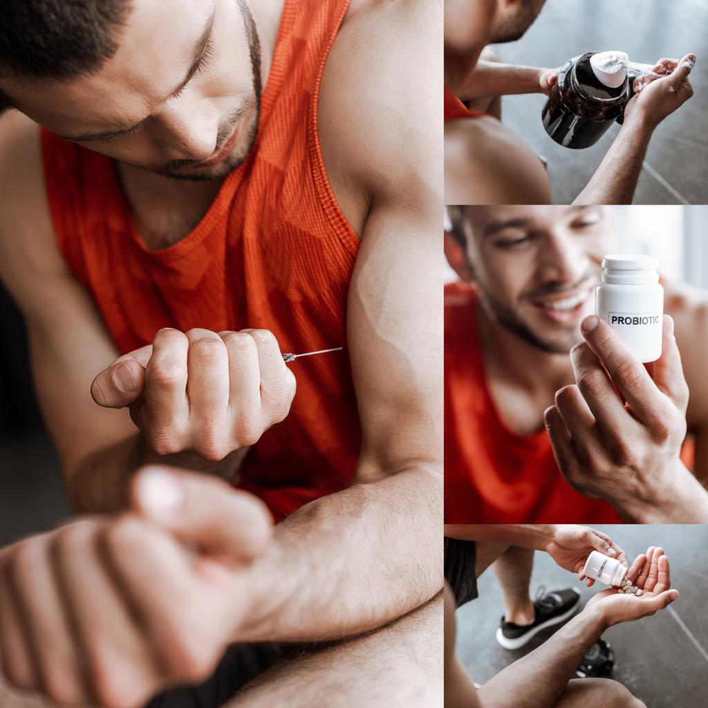 collage van sporter die dopinginjectie maakt, glimlacht, potje met eiwitpoeder, probiotische fles en pillen vasthoudt  - Foto, afbeelding