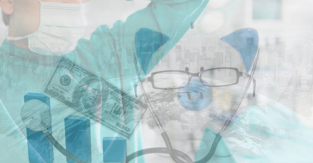Digitale illustratie van een arts met een gezichtsmasker met een spaarvarken met een bril en een stethoscoop, die de hartslag van de economie controleert, met de Aarde op de achtergrond.  - Foto, afbeelding
