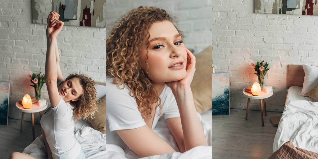 collage with beautiful smiling woman in cozy bedroom with Himalayan salt lamp, horizontal concept - Photo, Image