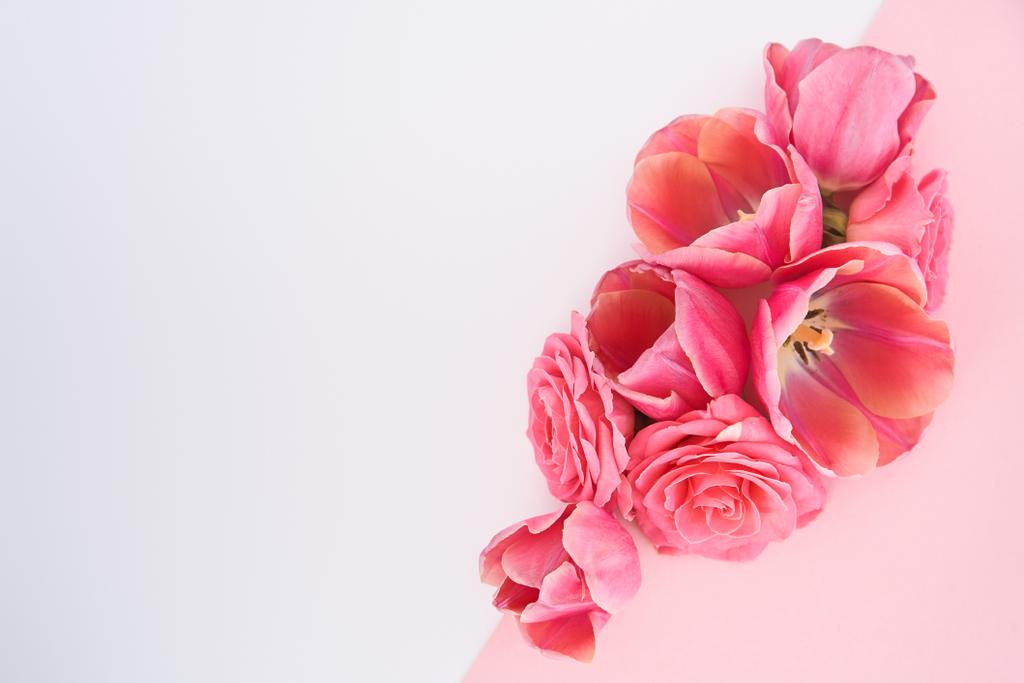 bovenaanzicht van lentebloemen op witte en roze achtergrond met kopieerruimte - Foto, afbeelding