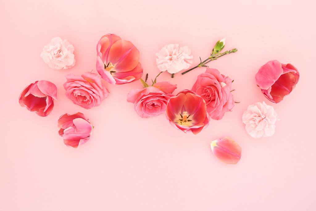 вид цветущих весенних цветов на розовом фоне
 - Фото, изображение