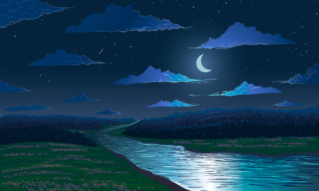 Vector paisaje de primavera. Río entre los campos de flores y bosques a la luz de la luna noche
. - Vector, imagen