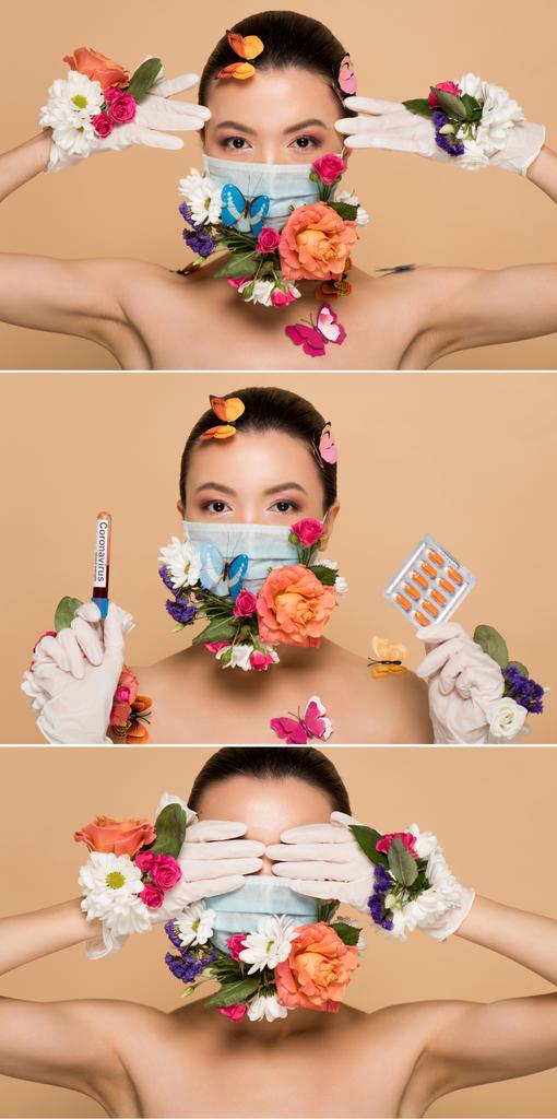 colagem com mulher asiática em luvas de látex e máscara facial floral com borboletas segurando pílulas e coronavírus teste de sangue isolado no bege
 - Foto, Imagem
