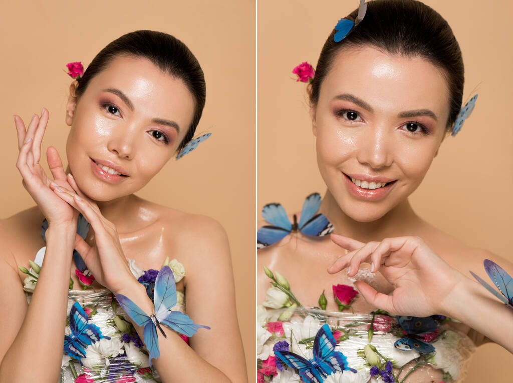 collage con feliz atractivo desnudo asiático chica en flores con mariposas en cuerpo aislado en beige
 - Foto, Imagen