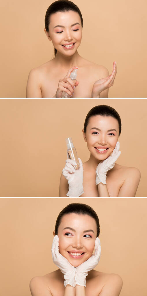 Collage mit fröhlichen nackten asiatischen Mädchen in Latex-Handschuhen mit antiseptischem Spray isoliert auf beige - Foto, Bild