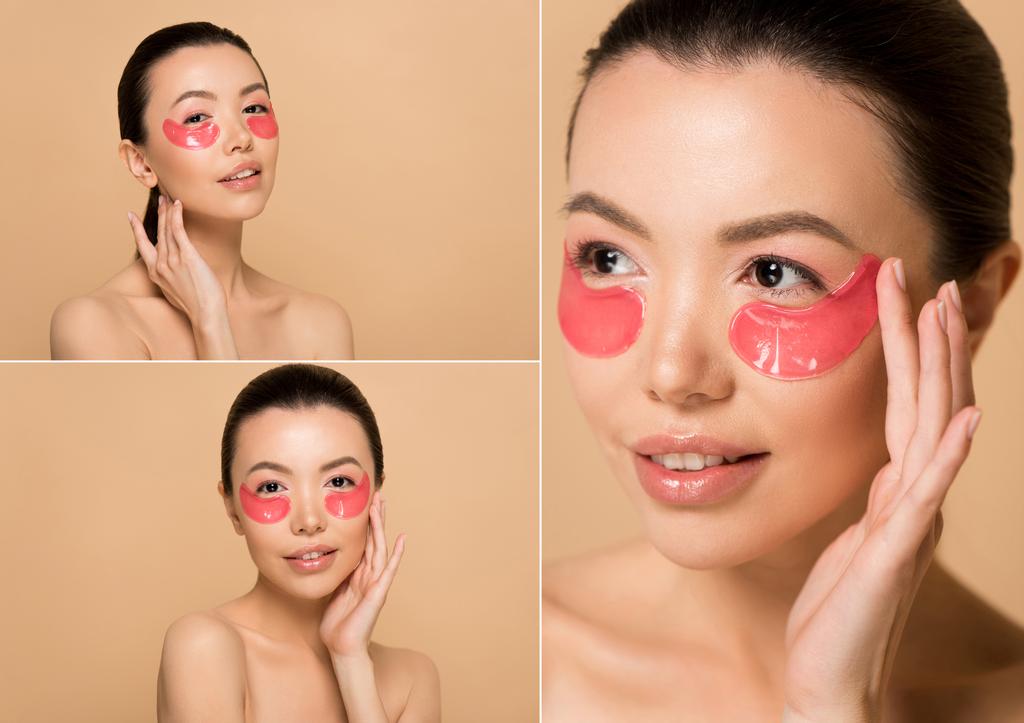 collage with attractive naked asian girl with pink collagen eye pads isolated on beige - Photo, Image